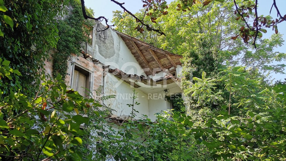 Istrien, verfallenes Haus und Grundstück mit Blick auf den Motovun